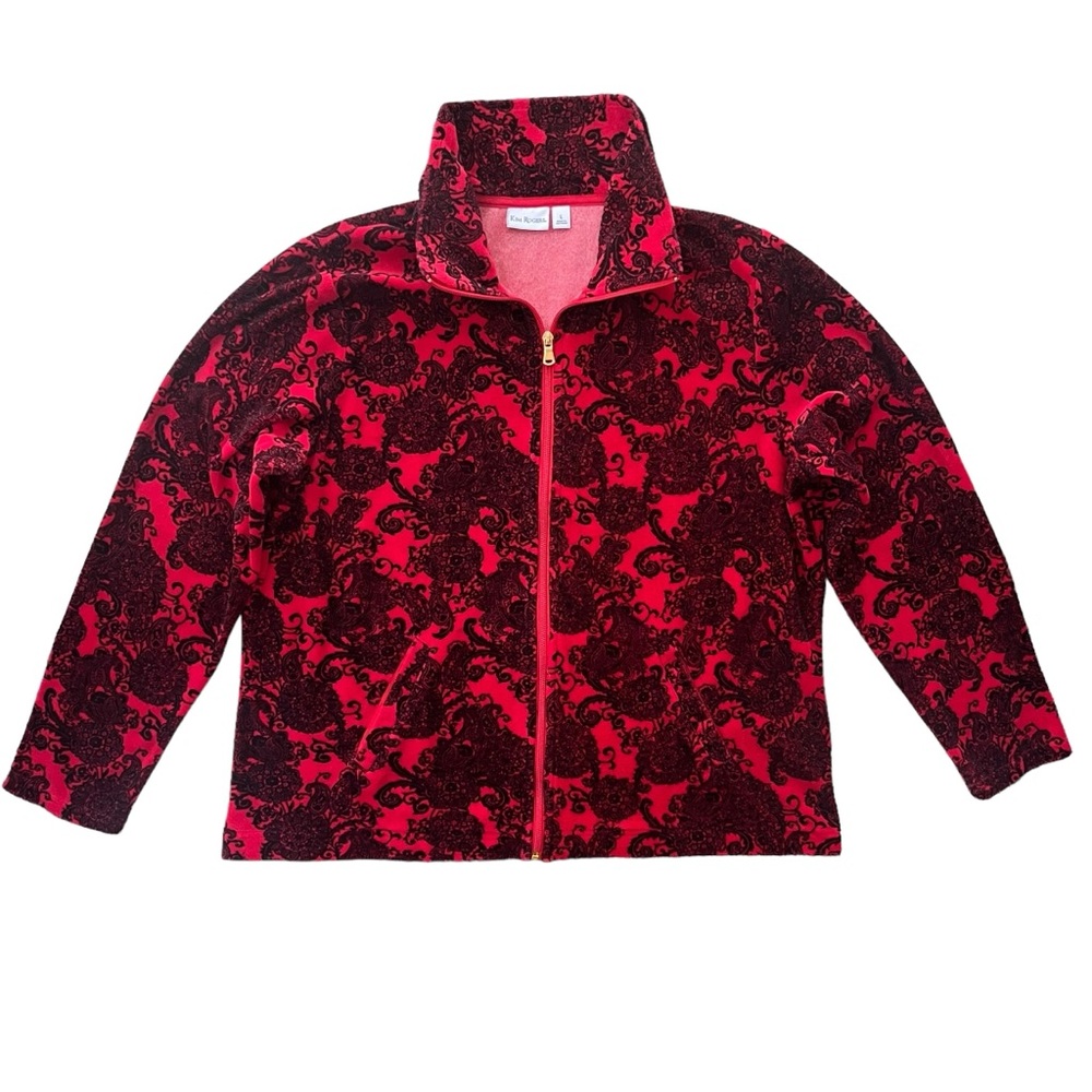 Kim Rogers Womens Size Large Red & Black Paisley Print Velour Full Zip Up Jacket